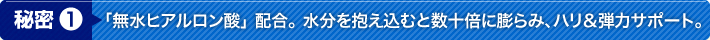 秘密1 「無水ヒアルロン酸」 配合。 水分を抱え込むと数十倍に膨らみ、ハリ&弾力サポート。