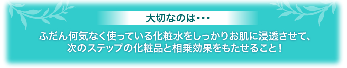 大切なのは・・・ ふだん何気なく使っている化粧水をしっかりお肌に浸透させて、次のステップの化粧品と相乗効果をもたせること!